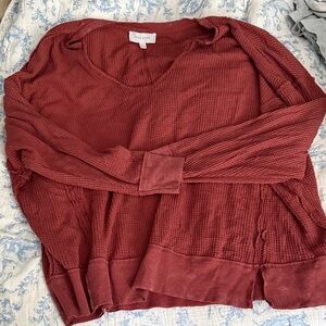 Pink Rose V-Neck Waffle Knit Top in Rust